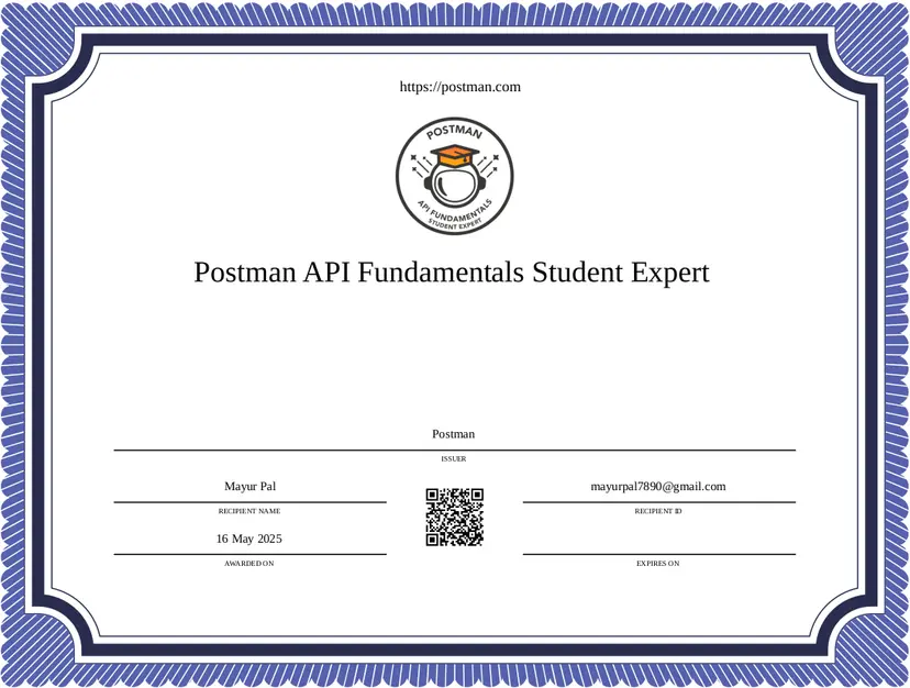 Certificate for Postman API Fundamentals Student Expert