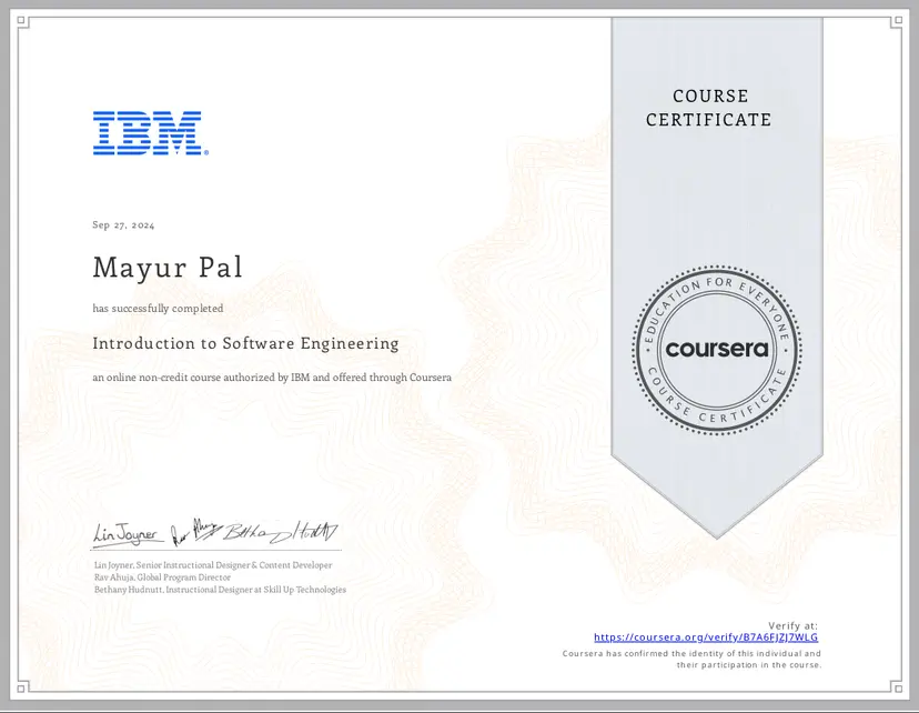 Certificate for Introduction to Software Engineering